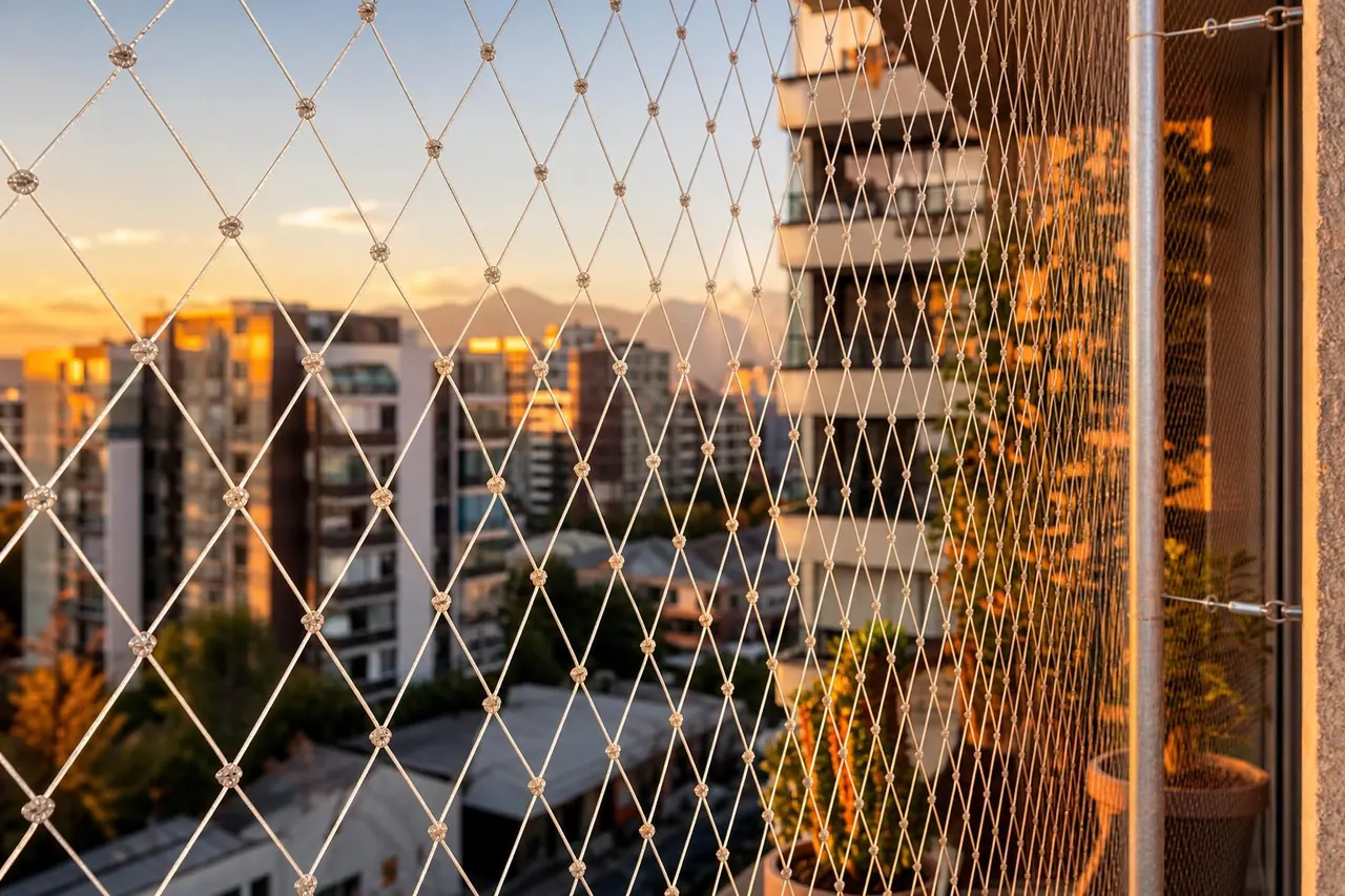 Malla de seguridad transparente instalada en balcón de departamento en Santiago, Chile